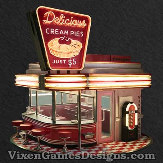 Delicious Cream Pies Diner T-shirt closeup of design by Vixen Games 